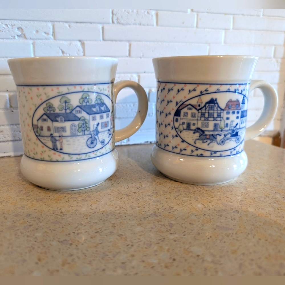 Vintage Set of 2 Stoneware Coffee Cups Mugs  19th Century Scene Horse Carriage